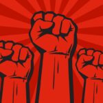 Three clenched fists raised in protest. Retro style poster. Protest, strength, freedom, revolution, rebel, revolt concept. Vector illustration isolated on red grunge background with sun rays.
